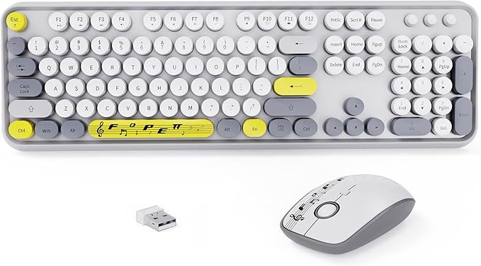 Wireless Keyboard Mouse Combo,Retro Typewriter Keyboard with Round Keycaps,2.4G Wireless Full Size Office Keyboard and Cute Mouse with 3 DPI for PC Mac Laptop Desktop Tablet Computer-Grey Colorful