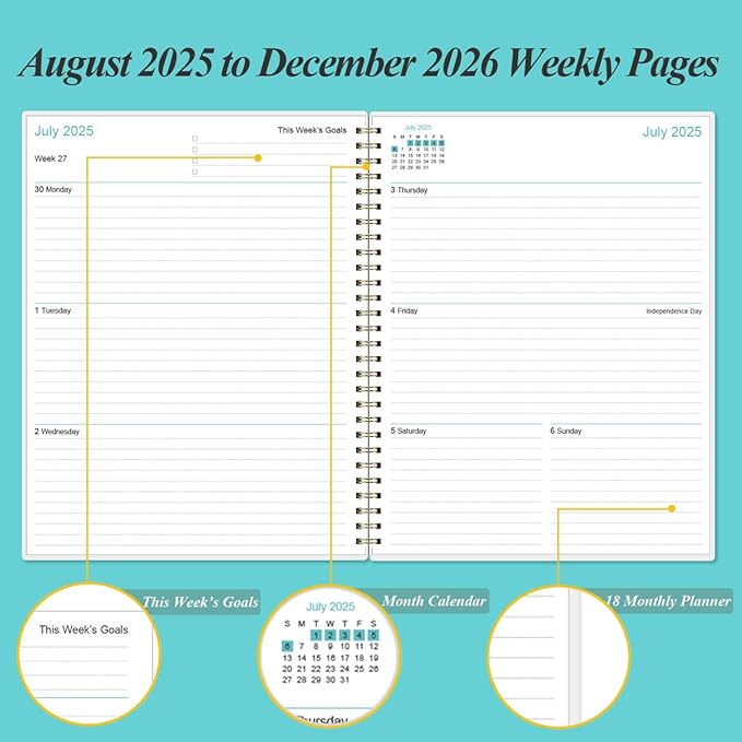 2025-2026 Planner - 17 Months Weekly & Monthly Planner from August 2025 - December 2026, Academic Planner 2025-2026 with Elastic Closure, Inner Pocket, 8.5" x 11", Teal Floral