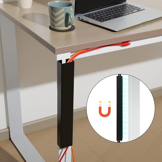 Blulu 2 Pack Black Steel Magnetic 14 Inch Cable Management Channel for Under Desk Leg Vertical Wire Hider Cover Desk Cable Organizer No Drill Cord Organizer Cord Hider Management for Home Office