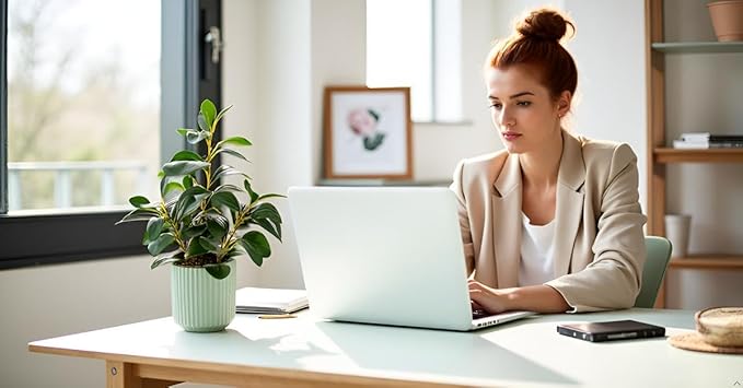 14.6'' Fake Plant Ficus Leaves Artificial Plant in Light Green Ceramic Stripe Planter Faux Real Looking and Touching Evergreen for Home Living Room Indoor & Outdoor