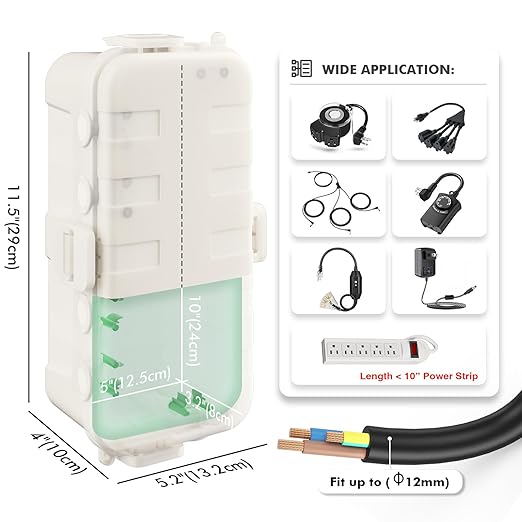 RESTMO Outdoor Electrical Box, IP54 Weatherproof Extension Cord Cover with 6 Cable Entry Ports, Waterproof Connection Box Protect Power Strip, Timer, Plug, Holiday Lights, (11.5x5.2x4 inch), White
