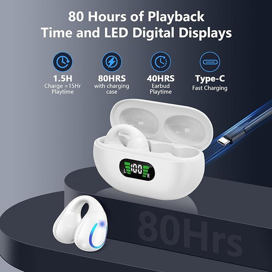 Open Ear Bone Conduction Headphones Bluetooth 5.3 Clip On Earbuds with Digital Display Charging Case 60 Hours Playtime Sport Earphones Built-in Mic IPX7 Waterproof for Running Fitness White