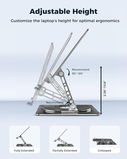 Adjustable Laptop Stand for Desk - Portable Laptop Riser with Rotating Base, Foldable Aluminum Computer Stand, Ergonomic Laptop Holder for MacBook Pro/Air Dell HP Lenovo Notebook up to 15.6", Black