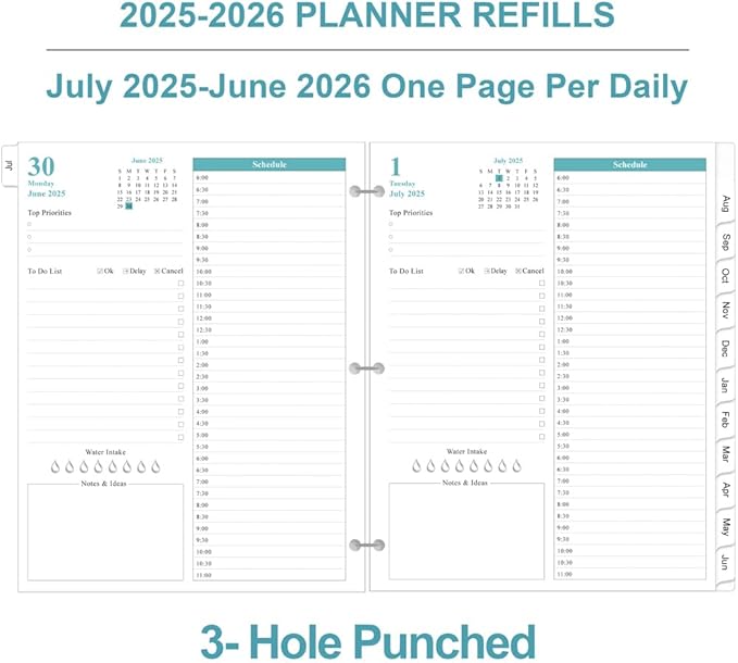 2025-2026 Planner Refill - One Page Per Day, 3-Hole Daily & Monthly Planner Refills, July 2025-June 2026, Prioritized, To-Do List, Notes, Appointment Schedule, Folio Size, 8.5" x 11"