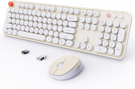 Wireless Keyboard and Mouse Combo, Ergonomic Full Size Typewriter Retro Round Keycaps Keyboard, Compatible with Windows, PC, Perfer for Home and Office Keyboards (Beige