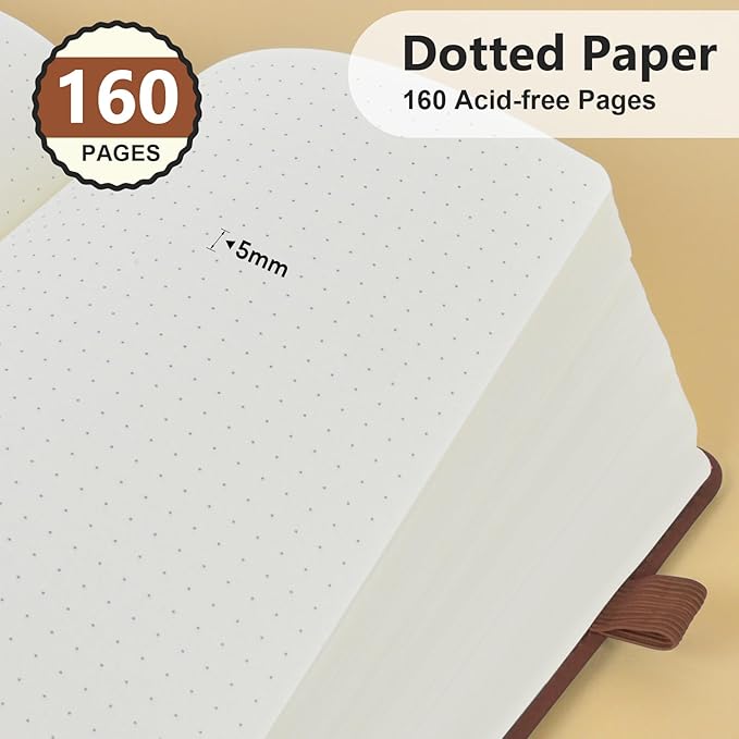 PERCUN Dotted Journal Notebook for Men & Women, 160 Pages Dot Grid notebook for Note Taking, Bullet Journaling Notebook for Work, School, Travel, Writing, A5 Hardcover 5.9" x 8.5"(Brown)