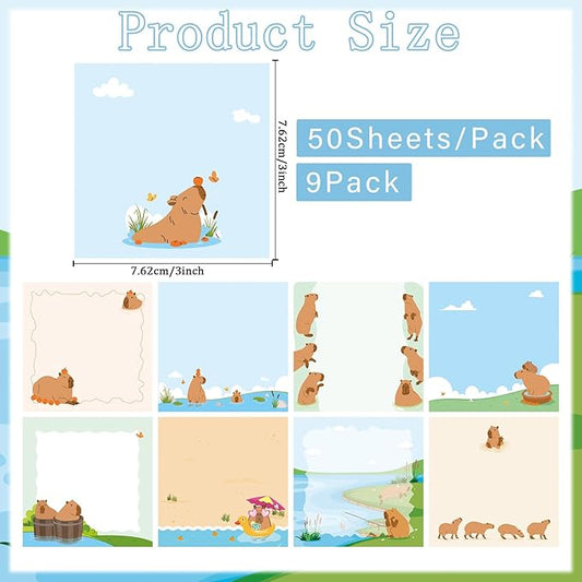 Capybara Sticky Notes Gifts - 9Pack Cute Sticky Notes 3x3 Funny Gifts for Capybara Lovers Cartoon Notepads Animals Post Pads for Women Men Office School Supplies 450 Sheets