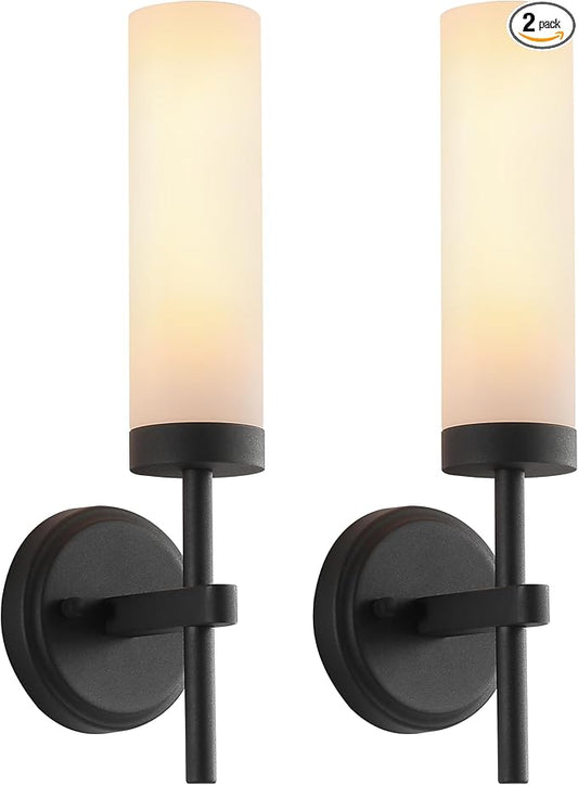 Wall Sconces Set of Two,Matte Black Bathroom Sconces Wall Lighting with White Glass, Modern Sconces Wall Decor Set of 2 Wall Light fixtures for Bathroom Mirror Living Room Hallway Bedroom Wall Lamp