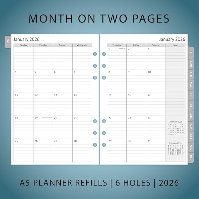 newestor 2026 A5 Planner Inserts, Filofax A5 Compatible, Weekly and Monthly Appointment Book Pages, Tabbed, 6 Holes