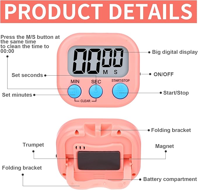 16 Packs Digital Timer Multi-Function Electronic Timers for Classroom Small Magnetic Countdown Stopwatch Mini Loud Alarm Stop Clock for Kitchen Cooking Games Meeting Study Work Baking Sports Office