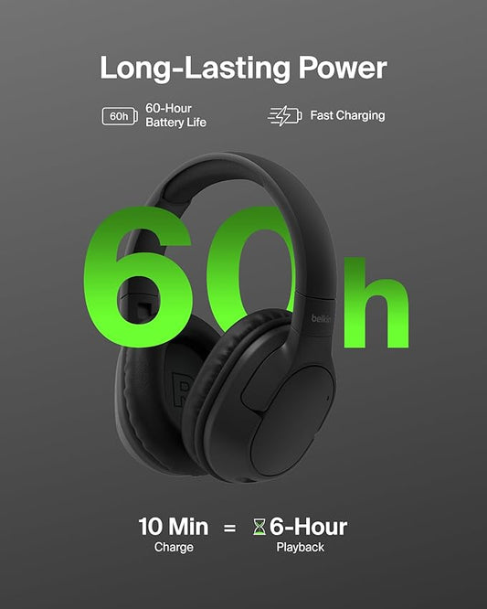 Belkin SoundForm Surround Bluetooth Over-Ear Headphones - Environmental Noise Cancelling Headphones - Wireless w/ 60H Playtime & Soft Ear Cups for iPhone, Galaxy, iPad, Travel, Home, or Office - Black