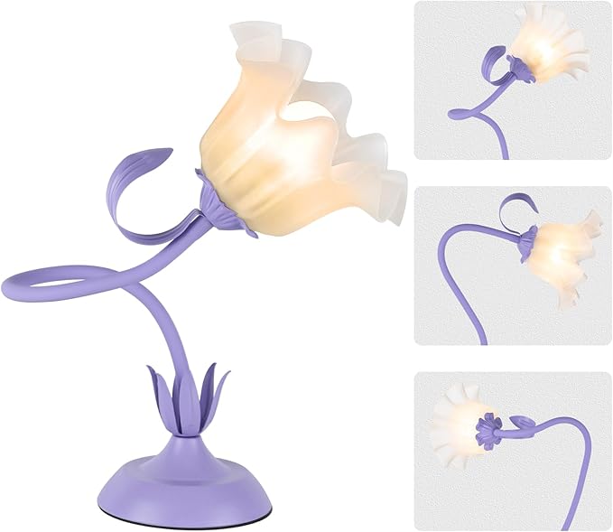 Cute Flower Desk Lamp, 3 Color Temperature Table Lamp with LED Bulb, Vintage Bedside Lamps, Reading Lamps with Soft Light for Bedroom, Living Room(Purple)
