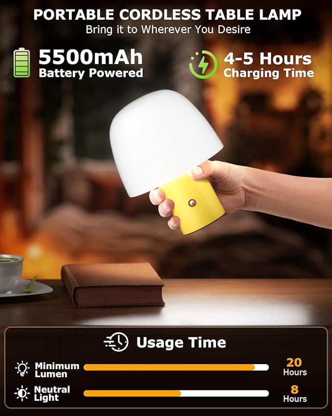 Portable LED Table Lamp, Cordless Desk Lamp Rechargeable, 3-Color Touch Stepless Dimming Night Light for Bedroom/Children's Room/Terrace/Dining Room/Cafe (Yellow)