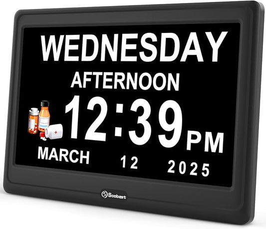 Soobest 12” Digital Dementia Clock for Seniors Elderly Extra Large with Date Day and Time Display, Electric Calendar Clock 20 Reminders 3 Ringtones for Memory Loss Alzheimers, Auto DST/Dimmer