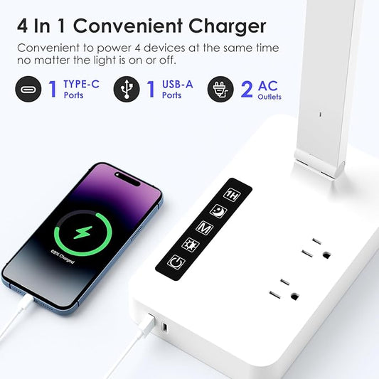 Infiway LED Desk Lamps for Home Office: Desk Lamp with USB Charging Port - 1 USB-A, 1 Type-C Ports, 2 AC Power Outlets, Touch Control Dimmable 5 Color 5 Brightness, Night Light(White)