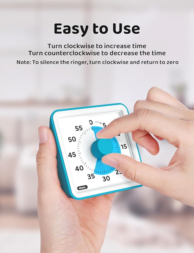 LIORQUE Visual Timer for Kids, 60-Minute Countdown Timers for Classroom Office Kitchen with Silent Operation, Kids Timer for Teaching (Batteries Included)