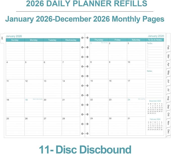 2026 Planner Refills, 11-Disc Discbound One Page Per Day, Daily & Monthly Planner Refill from January 2026 - December 2026, Letter Size, 8.5" x 11"
