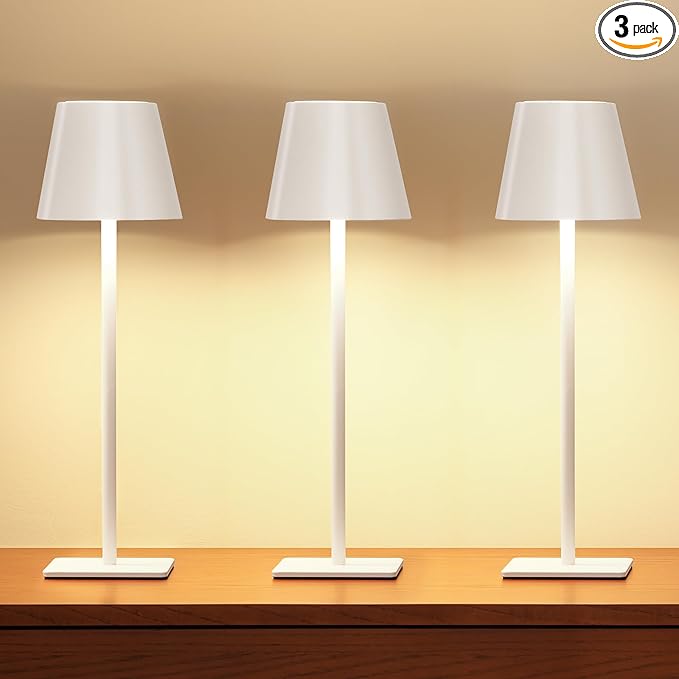 UME 3 Pack Cordless Table Lamp, Battery Operated Lamp - Portable Waterproof Rechargeable Table Lamp w/ 3 Color Temps & Stepless Dimming for Dinner, Desk, Cafe, Outdoor (White)