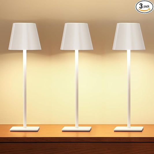 UME 3 Pack Cordless Table Lamp, Battery Operated Lamp - Portable Waterproof Rechargeable Table Lamp w/ 3 Color Temps & Stepless Dimming for Dinner, Desk, Cafe, Outdoor (White)