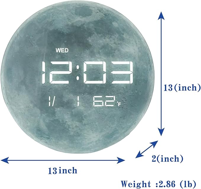 13" Digital Wall Clock with LED Display, Calendar & Temperature, Automatic Dimming, 12/24hr Format, Wall & Desk Use - HUI-7860