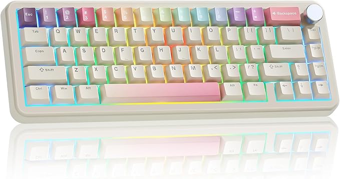 YUNZII B68 Wireless Mechanical Keyboard,Tri-Mode BT5.0/2.4GHz/USB-C,Cute PBT Keycaps,Hot Swappable Creamy Typing Gasket Mounted,RGB Backlit NKRO for Win/Mac (Beige, Milk V2 Switch)