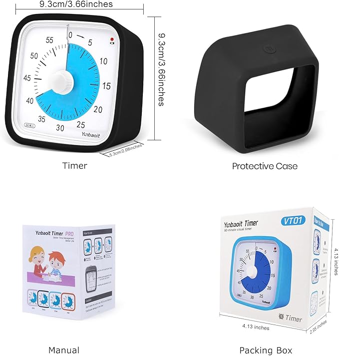 Yunbaoit Upgraded Black Visual Timer with Protective Case, Silent 60 Minute Countdown Timer for Kids and Adults with Low Power Reminder VT01(Black Blue)