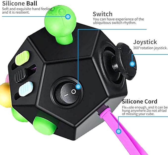 PAPOLGO Fidget Toys, Autism Toys,12 Sided Cube Toy Stress Relief,Anti Anxiety,ADHD,Focus,Boredom for All Ages (Black / B2)