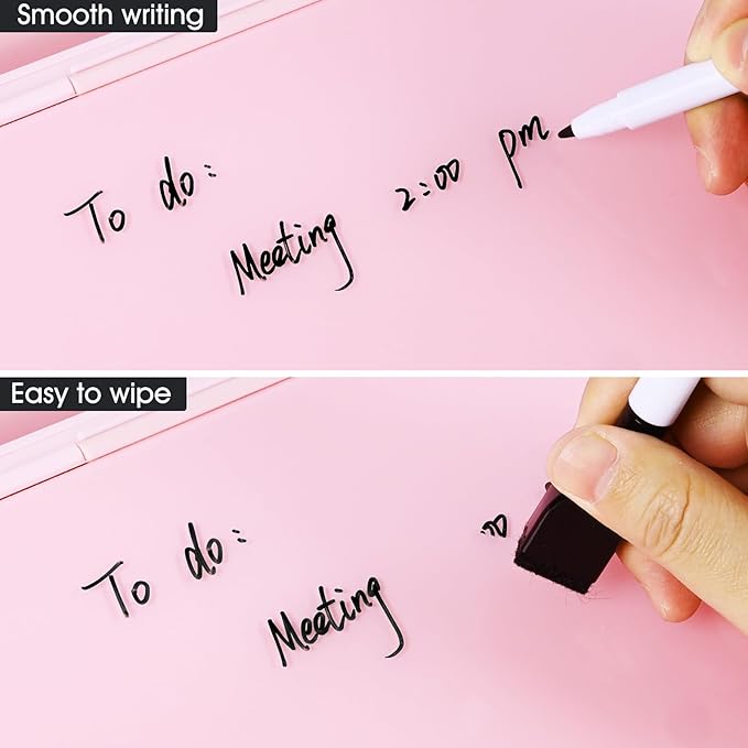 Varhomax Glass Desk Whiteboard Pink with Calculator, Desktop Dry Erase White Board with Storage, to Do List Memo Notepad for Home and Office