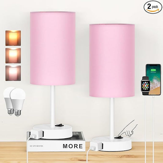ZJOJO Table Lamp for Bedroom Set of 2, Bedside Small Lamps with 3 Way Dimmable Rocker Switch and AC Outlet, Nightstand Desk Lamp with Pink Fabric Shade White Base for Living Room Home Decor Lights