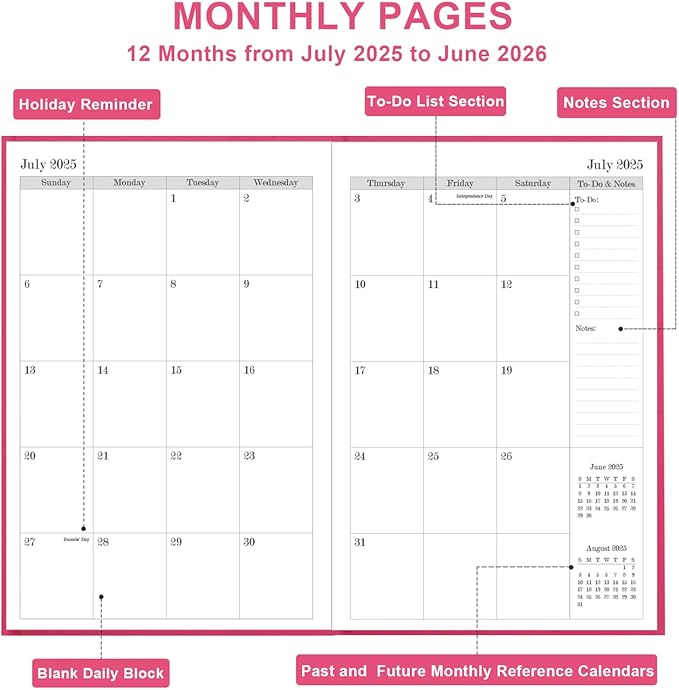 2025-2026 Daily & Monthly Planner - 2025 2026 Academic Year Planner One Page Per Day from July 2025 to June 2026, Hourly Appointment Book Perfect Organizer Daily Life, Fabric Cover, 5.8'' x 8.3'', Pink