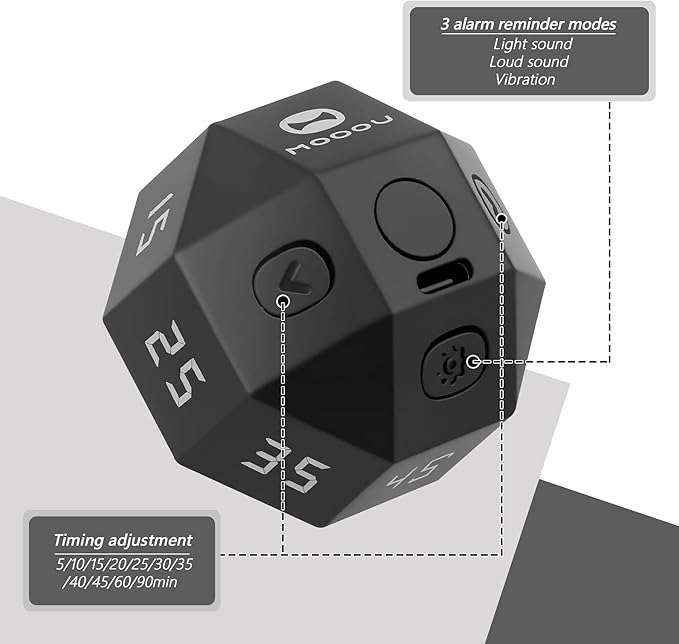 Mini 12-Sided Cube Timer with preset countdowns of 1-3-5-10-15-20-25-30-45-60-90 Minutes, a Rechargeable time Management Efficiency Tool Suitable for ADHD Management, Study and Cooking (Black)