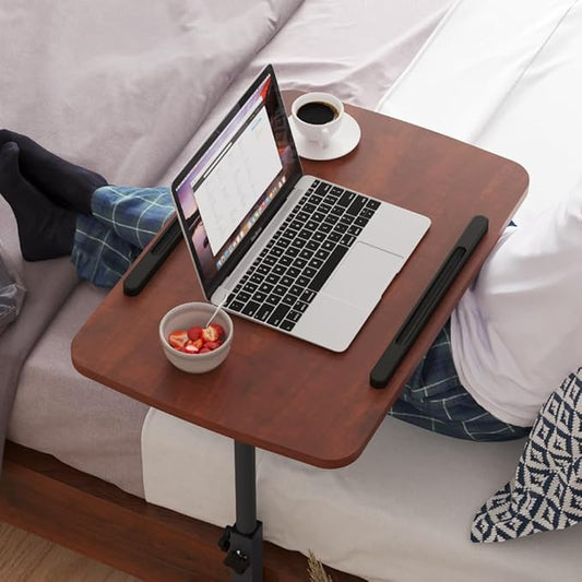 Laptop Table Mobile Adjustable Height Portable Desk Notebook Swivel PC Computer Rolling Desk with Wheels, Laptop Stand for Couch Bedside Hospital Bed Table (Dark Walnut)