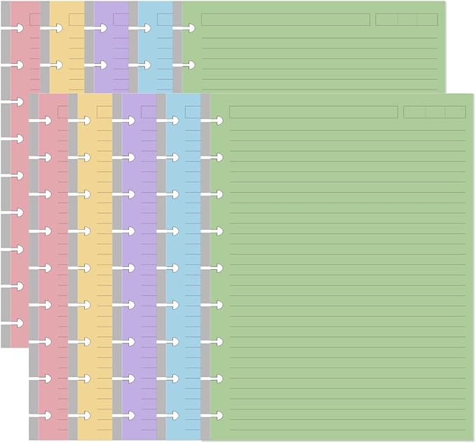 (2-Pack) 9-Disc Discbound 5 Colorful Line Paper Pre-punched Happy Planners Inserts, 200Sheets/400Pages Classic Size Line Loose-Leaf Paper, Per Color 40 Sheets, 7" x 9.25"