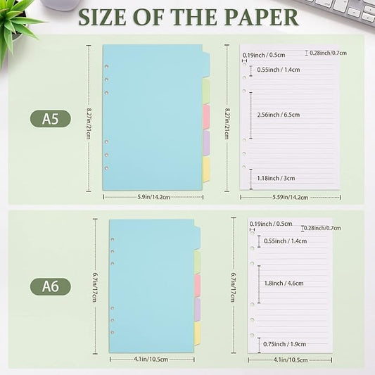 A6 Refill Paper, Planner Inserts for A6 Binder Budget Planner Journals Notebook, 6 Ring Loose Leaf Lined Paper with Binder Dividers, 240 Pages (White Paper)