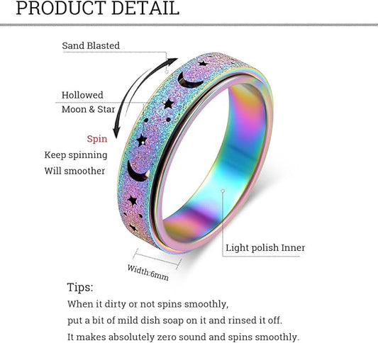 Anxiety Ring for Women Spinner Ring Fidget Ring Fidget Toys Adults Stainless Steel Thumb Rings for Women Fidgit Ring Men Moon Star Rainbow 6