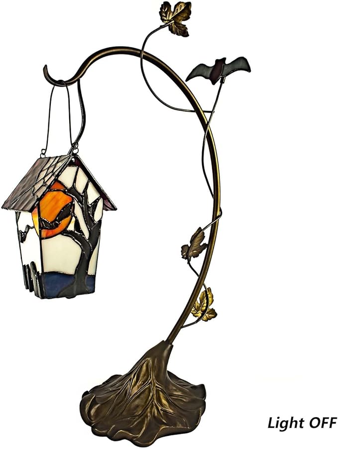 Bieye L10938 Spooky Graveyard Tiffany Style Stained Glass Birdhouse Table Lamp for Halloween Decor (21-inch High, Bat Nest)