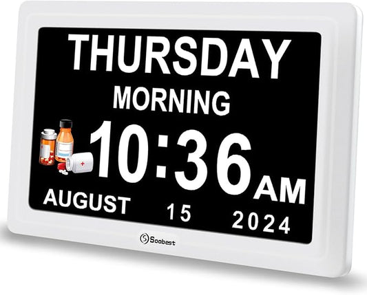 Soobest Digital Dementia Alarm Clock for Seniors Elderly, Electric Large Display Date Day of Week Time Calendar Clock 20 Reminders 3 Ringtones for Memory Loss Alzheimers, Auto DST/Dimmer, 1024*600P HD