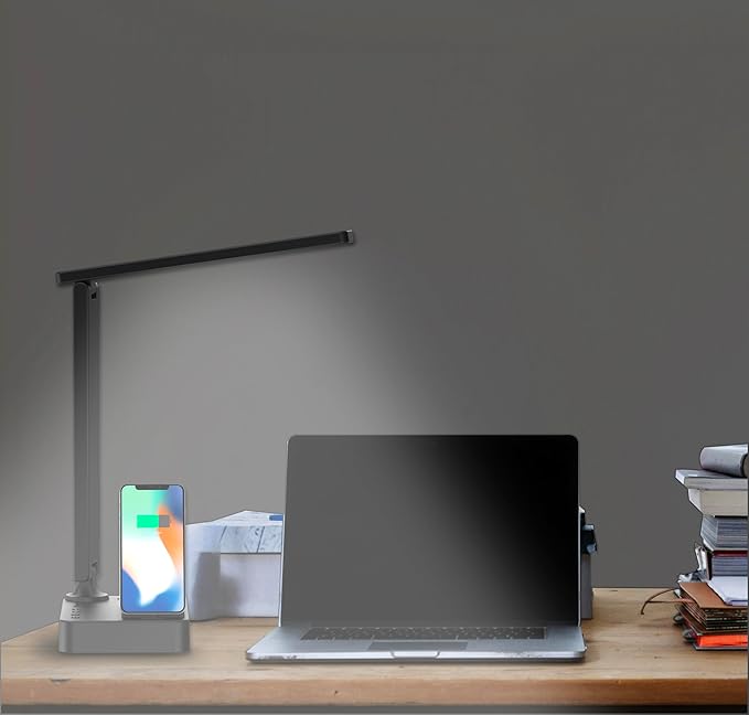 Drevet LED Desk Lamp with Charging Station, Desk Light with 3 USB C Chargers and 2 AC Power Outlets, 3 Lighting Mode, 3 Level Brightness,1H Timer, Touch Control, Eye-Caring Home Office Foldable Lamp