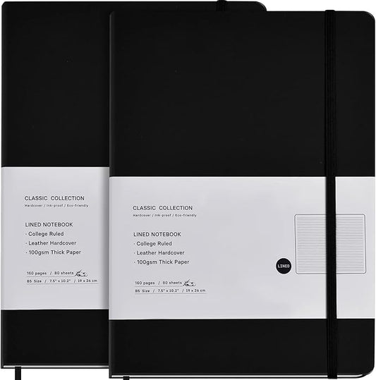 2 Pack B5 Journal Notebooks Classic College Ruled Notebooks Hardcover Lined Journals for Office Home School Business Writing Note Taking, 10.2 x 7.5 inch, 100GSM Thick Paper, 160 Pages (Black)