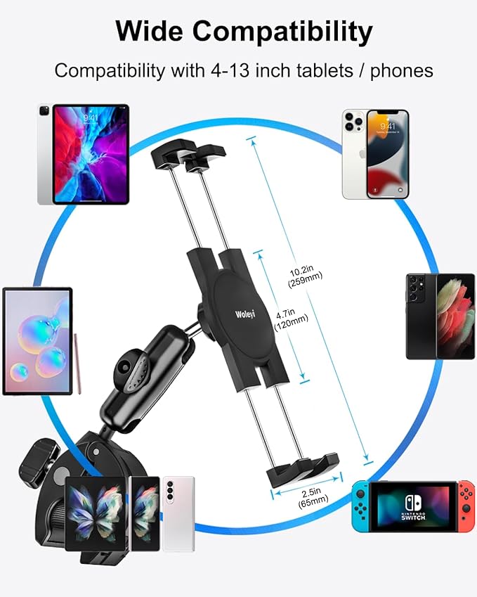 woleyi Exercise Bike Tablet Holder, Treadmill Tablet Mount Handlebar Clamp for Spin Bike, Indoor Cycling Peloton, Stationary Bicycle, Elliptical for 4.7-13" iPad Pro/Air/Mini, Galaxy, Fire, E-Book