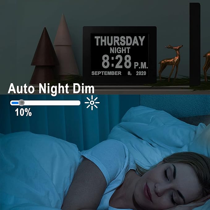 Véfaîî 19 Alarms Dementia Clock 8 Inch Large Display, Auto DST, 10 Levels Auto Dimmable, Non-Abbreviated Date and Day Calendar Clock for Seniors, with Power Adaptor, Picture Frame Feature