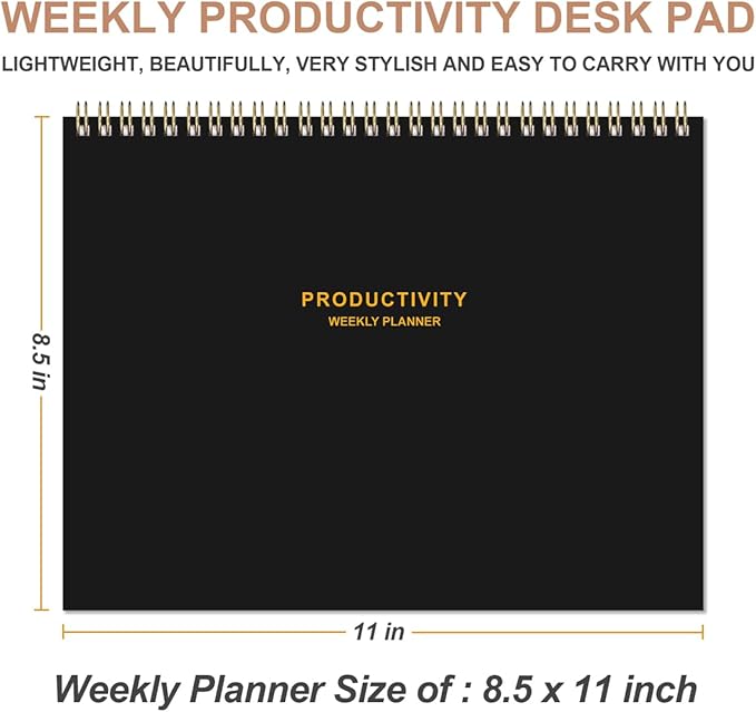 Weekly Productivity Planner - 8.5" x 11" Dashboard Desk Notepad Has 6 Focus Areas to List Tasks for Goals, Projects, Clients, Academic or Meal-Organize Your Daily Work Efficiently, 54 Weeks, Black