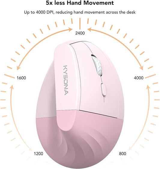 EM18 Wireless Ergonomic Vertical Mouse, Ergo Design, Bluetooth Cordless Mouse, Silent Click, 5-Level Adjustable DPI, Carpal Tunnel Mice for Computer, PC, Mac, Laptop, Pink