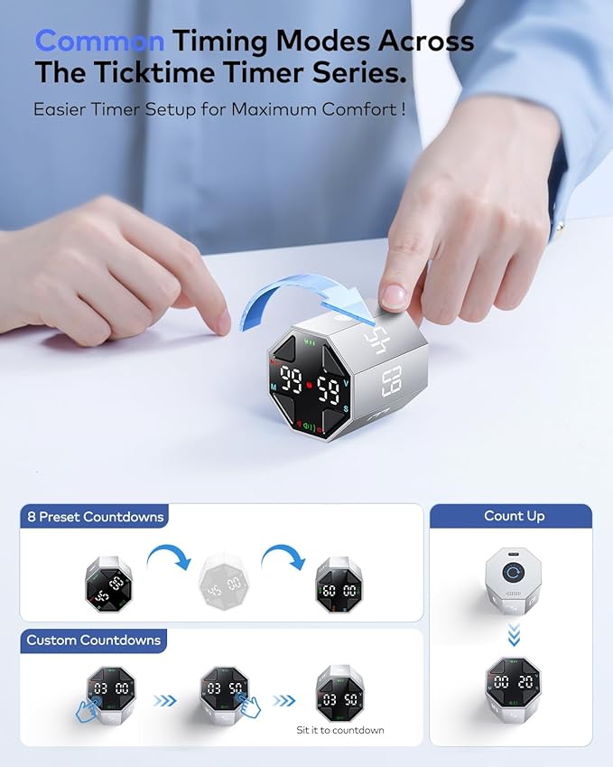 Pomodoro Timer Cube, Custom Pomodoro, Pause & Resume, Silent, Vibrate & Adjustable Sound Alert, for ADHD, Task, Work, Study, 3/5/10/15/30/45/60min & Custom Countdown,Silver