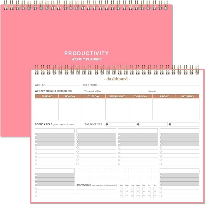 Weekly Productivity Planner - 8.5" x 11" Dashboard Desk Notepad Has 6 Focus Areas to List Tasks for Goals, Projects, Clients, Academic or Meal-Organize Your Daily Work Efficiently, 54 Weeks, Pink