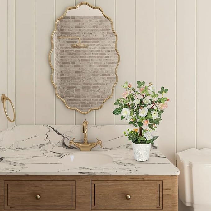 Hollyone Artificial Plants & Flowers in Vase White Camellia Roses Faux Flower Plant Arrangement with Pot Fake Rose Flowers Home Decor Office Bathroom Shelf Desk Table Decoration