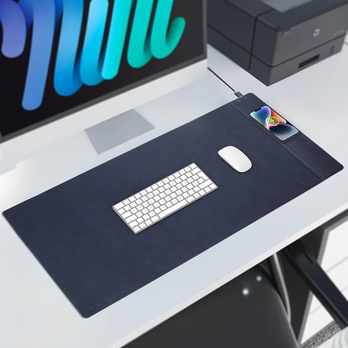 Magnetic Wireless Charging Desk Pad, Office Desk Mat with Wireless Charger, Waterproof and Scratch-Resistant Large Mouse Mat, Microfiber Leather Mouse Pad for Office and Home Use, Blue Color