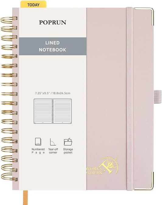 POPRUN Lined Spiral Journal Notebook for Women & Men, 7-1/4" x 9-1/2", 220 Numbered Pages, College Ruled Hardcover Notebook for Work, Journals for Writing, 120 GSM Thick Paper - Light Pink