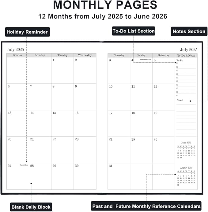 2025-2026 Daily & Monthly Planner - 2025 2026 Academic Year Planner One Page Per Day from July 2025 to June 2026, Hourly Appointment Book Perfect Organizer Daily Life, Fabric Cover, 5.8'' x 8.3'', Black
