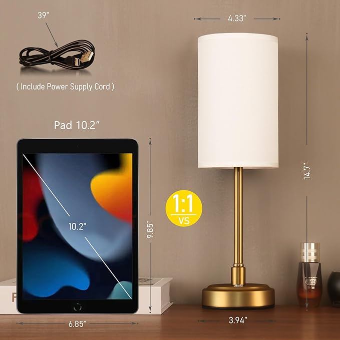 Small Cordless Touch Lamps for Nightstand Lamp Battery Operated Rechargeable Lamp, Portable 3 Colors Stepless Dimmable Fabric Shade Night Light for Restaurant/Bedroom/Outdoor (White+Brass)